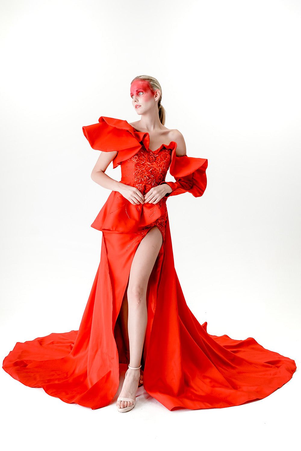 One Shoulder Embroidered Dress with Side Wing and One off Shoulder Sle Kenneth Barlis One Shoulder Embroidered Dress with Side Wing and One off Shoulder Sle Kenneth Barlis