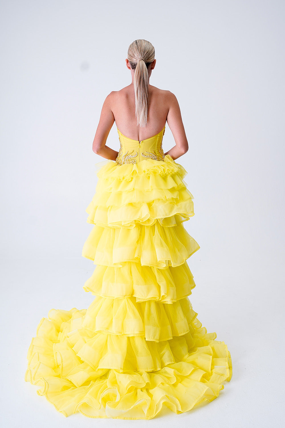 Neon Yellow Raffled High-Low Tulle Dress