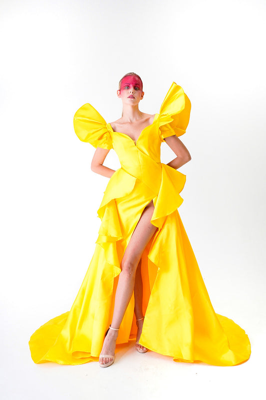Daisy Heart Yellow Silk Gazaar with Wing Shoulder Dress