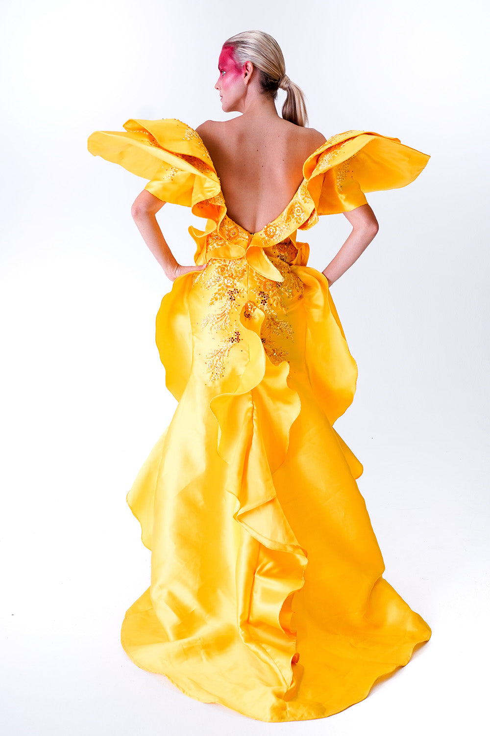 Embroidered Daisy Heart Yellow Silk Gazaar with Wing Shoulder Dress