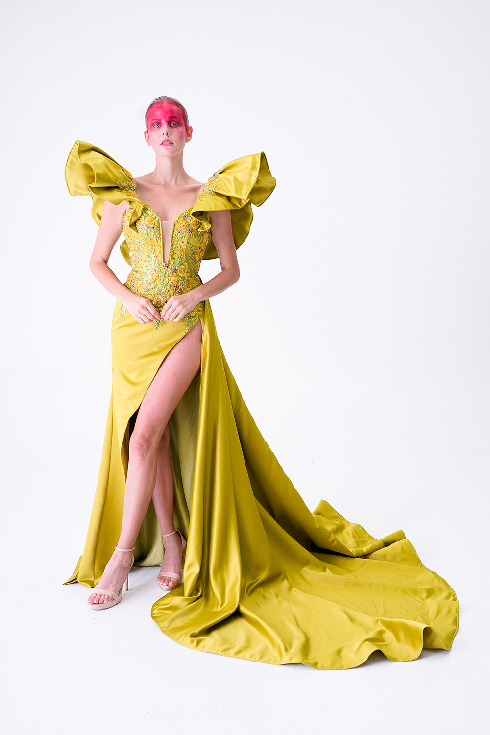 Chartreuse Green Silk Gazaar with Wing Shoulder Dress