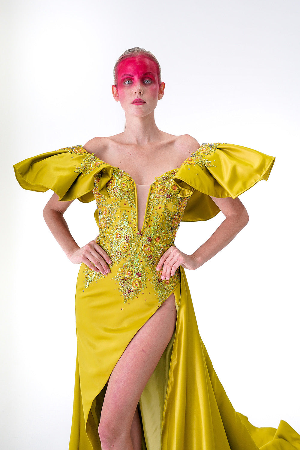 Chartreuse Green Silk Gazaar with Wing Shoulder Dress