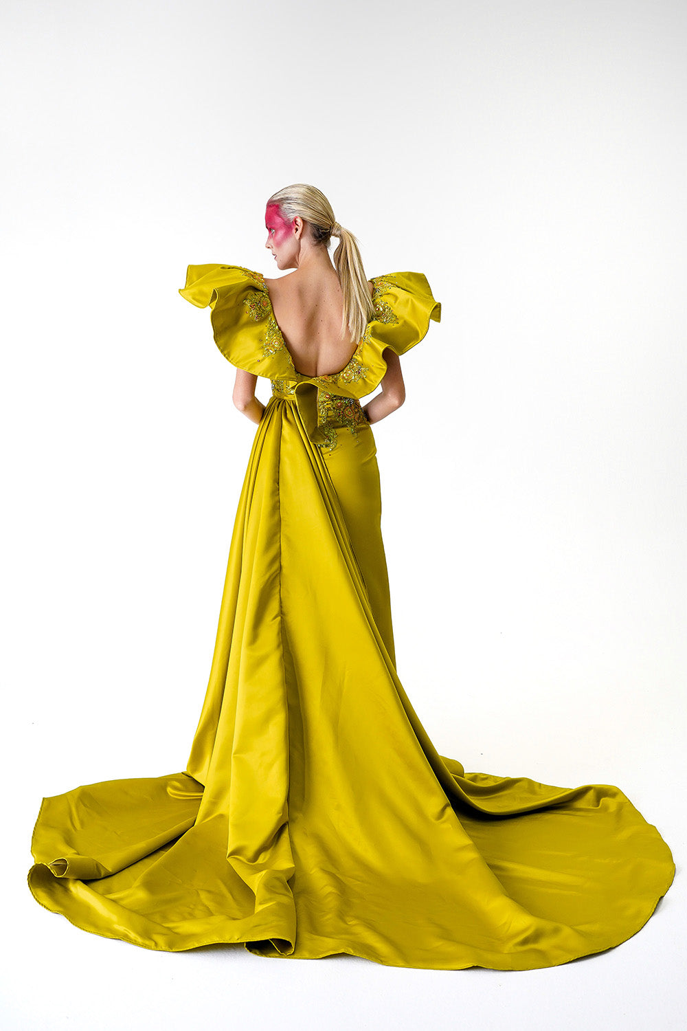 Chartreuse Green Silk Gazaar with Wing Shoulder Dress