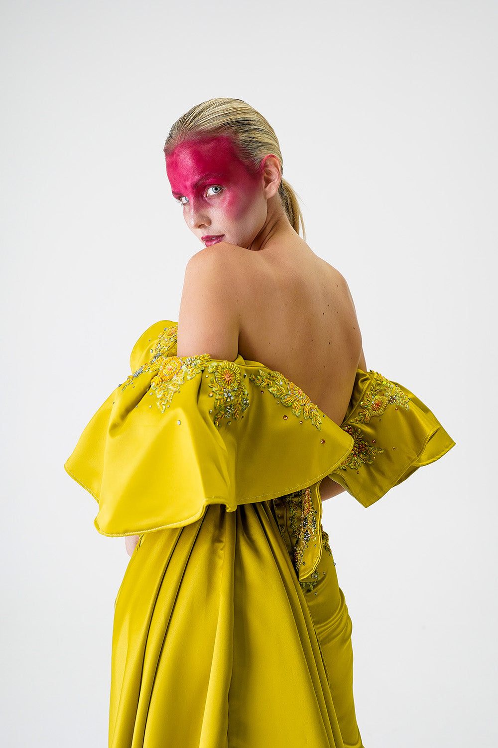 Chartreuse Green Silk Gazaar with Wing Shoulder Dress