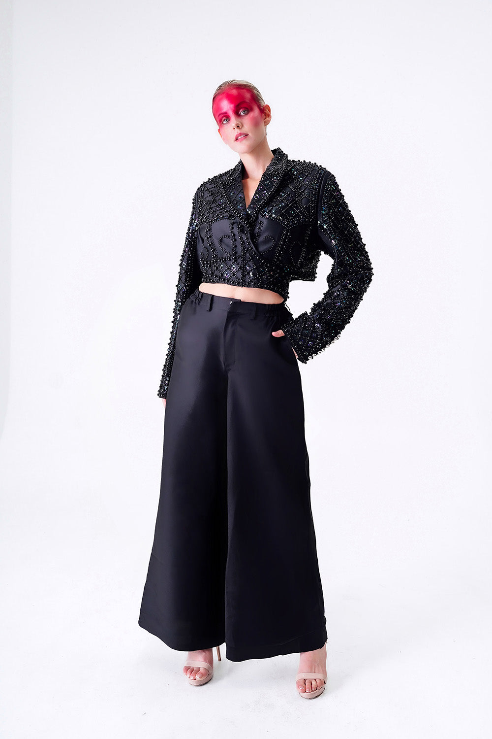 BLACK FULLY HAND BEADED SILK CROP TOP BLAZER WITH HIGH WAIST WIDE LEG PANTS