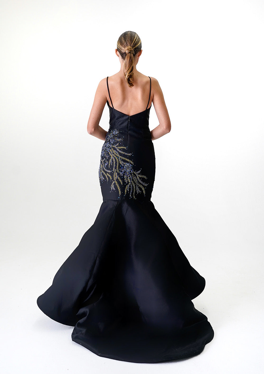 BLACK MERMAID GOWN WITH HIGH SLIT CUT OUT AND HAND BEADINGS DETAILS