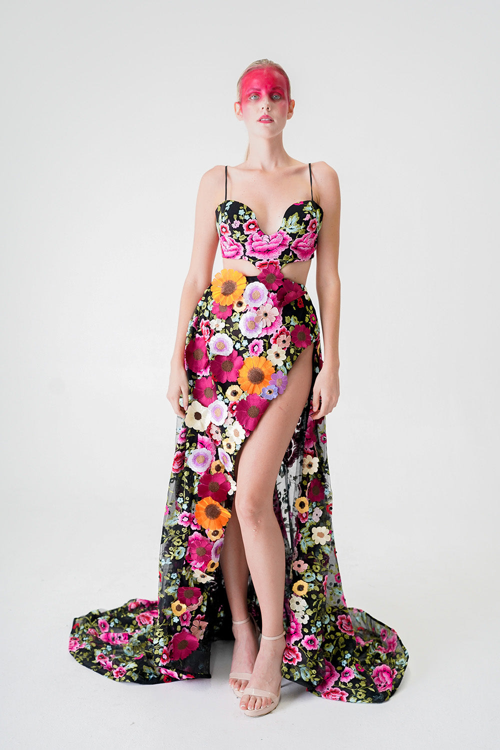 FLORAL APPLIQUE ON FLORAL LACE WITH CUT OUT BODICE AND HIGH SLIT SKIRT