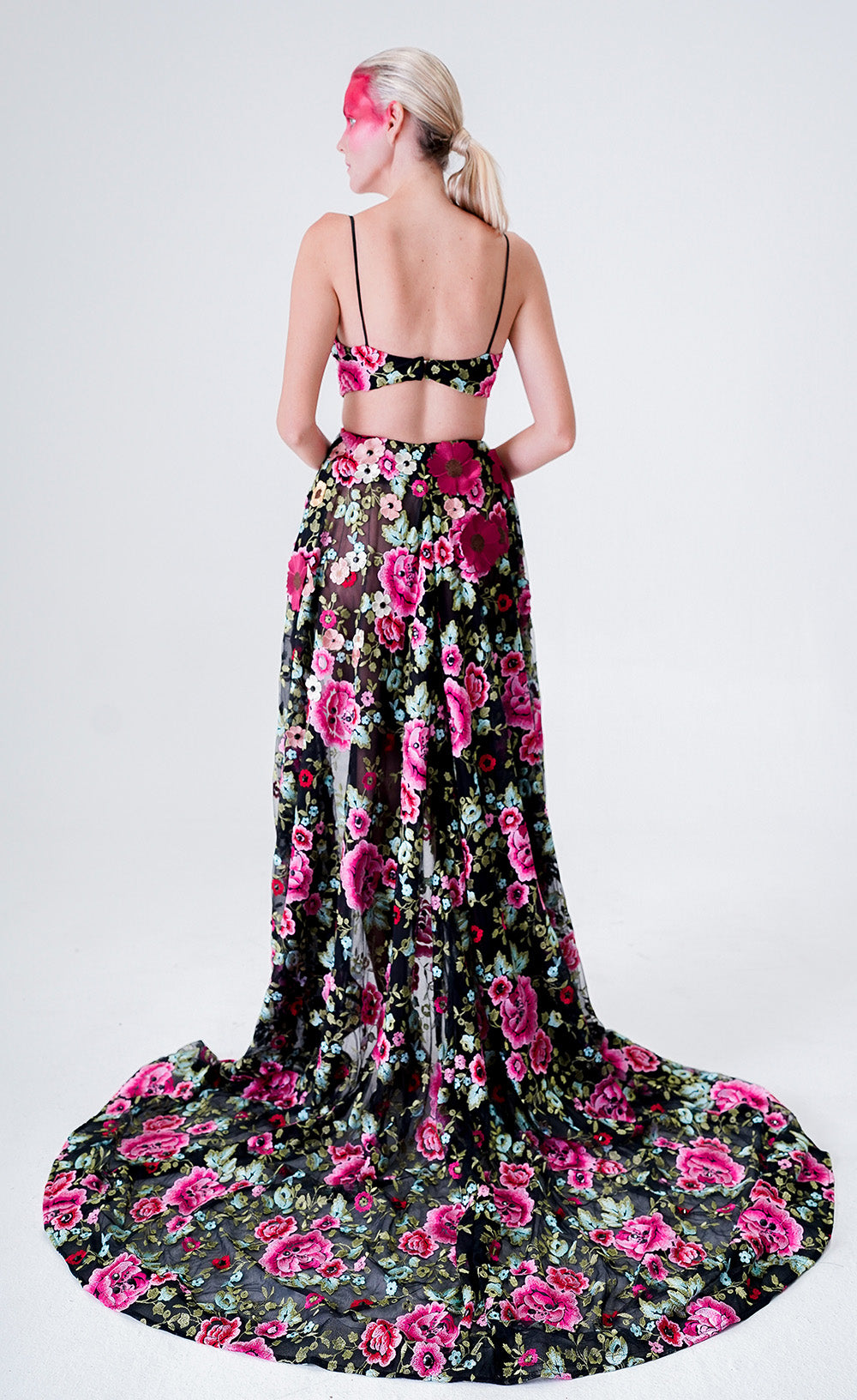 FLORAL APPLIQUE ON FLORAL LACE WITH CUT OUT BODICE AND HIGH SLIT SKIRT