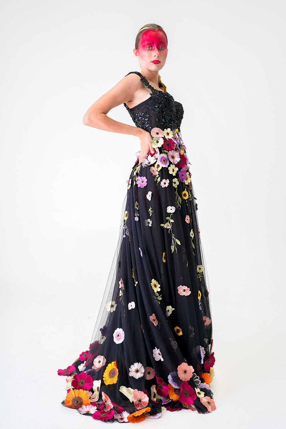 BLACK FLORAL MODERN BALL GOWN