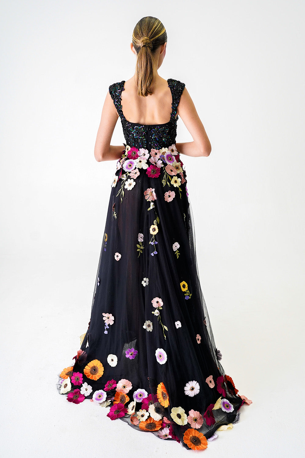 BLACK FLORAL MODERN BALL GOWN