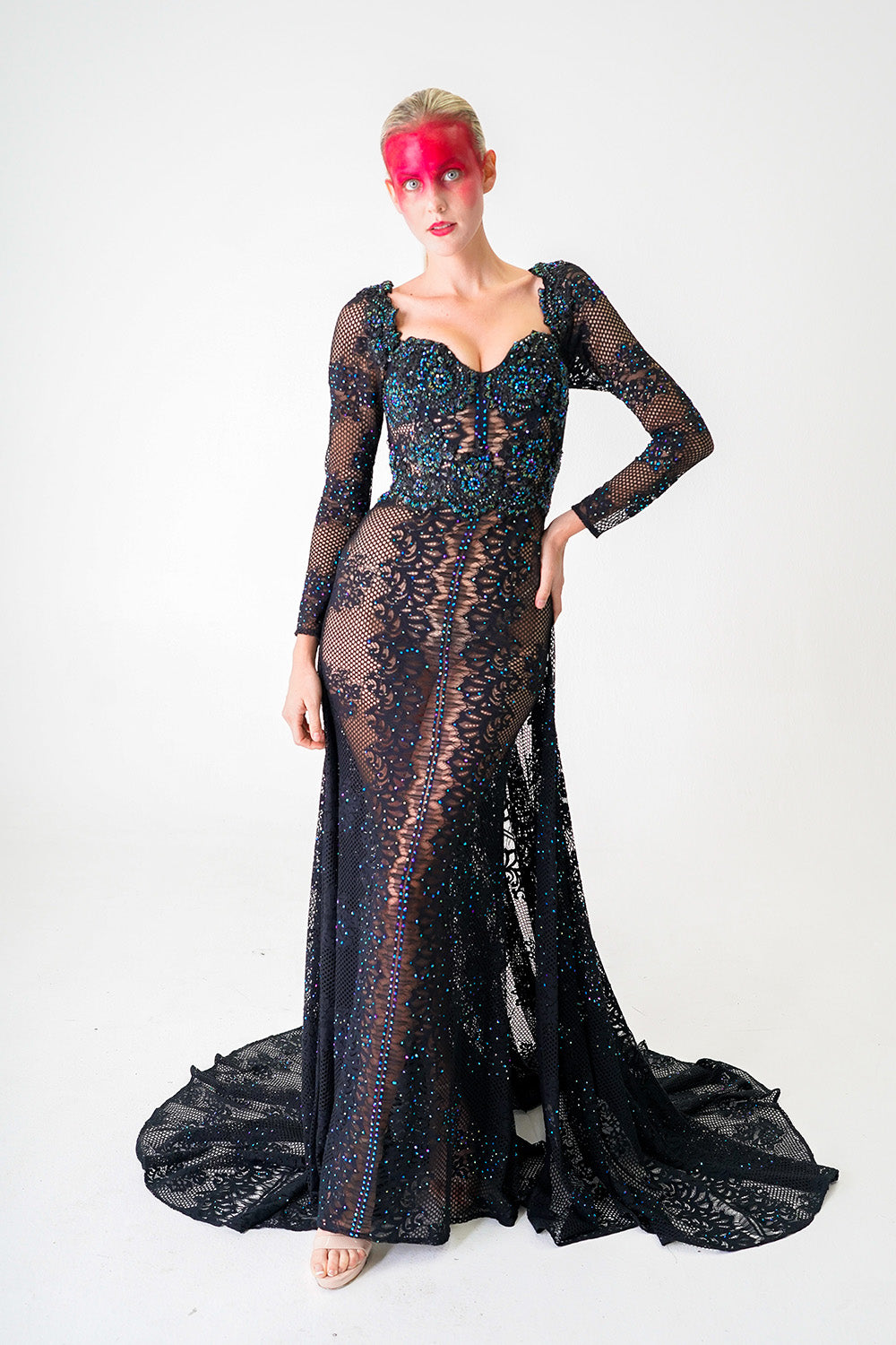 BLACK FITTED GOWN WITH HAND BEADINGS AND ATTACHED TUNIC LACE SKIRT Kenneth Barlis