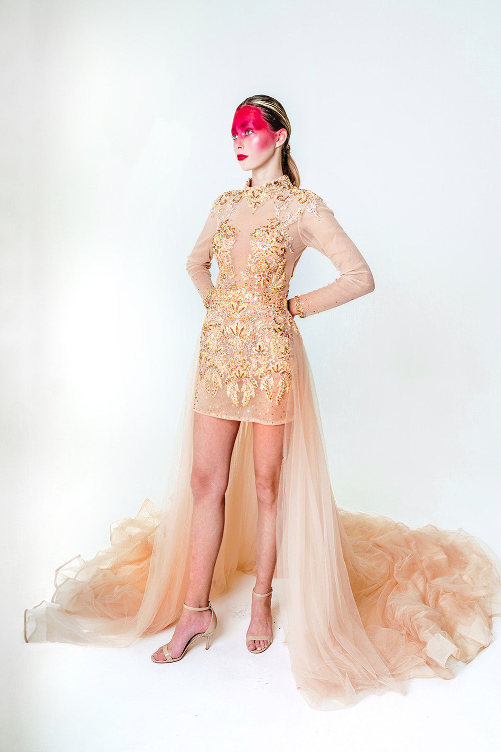 NUDE MINI DRESS WITH GOLD EMBROIDERY AND DETACHABLE SKIRT Kenneth Barlis NUDE MINI DRESS WITH GOLD EMBROIDERY AND DETACHABLE SKIRT Kenneth Barlis