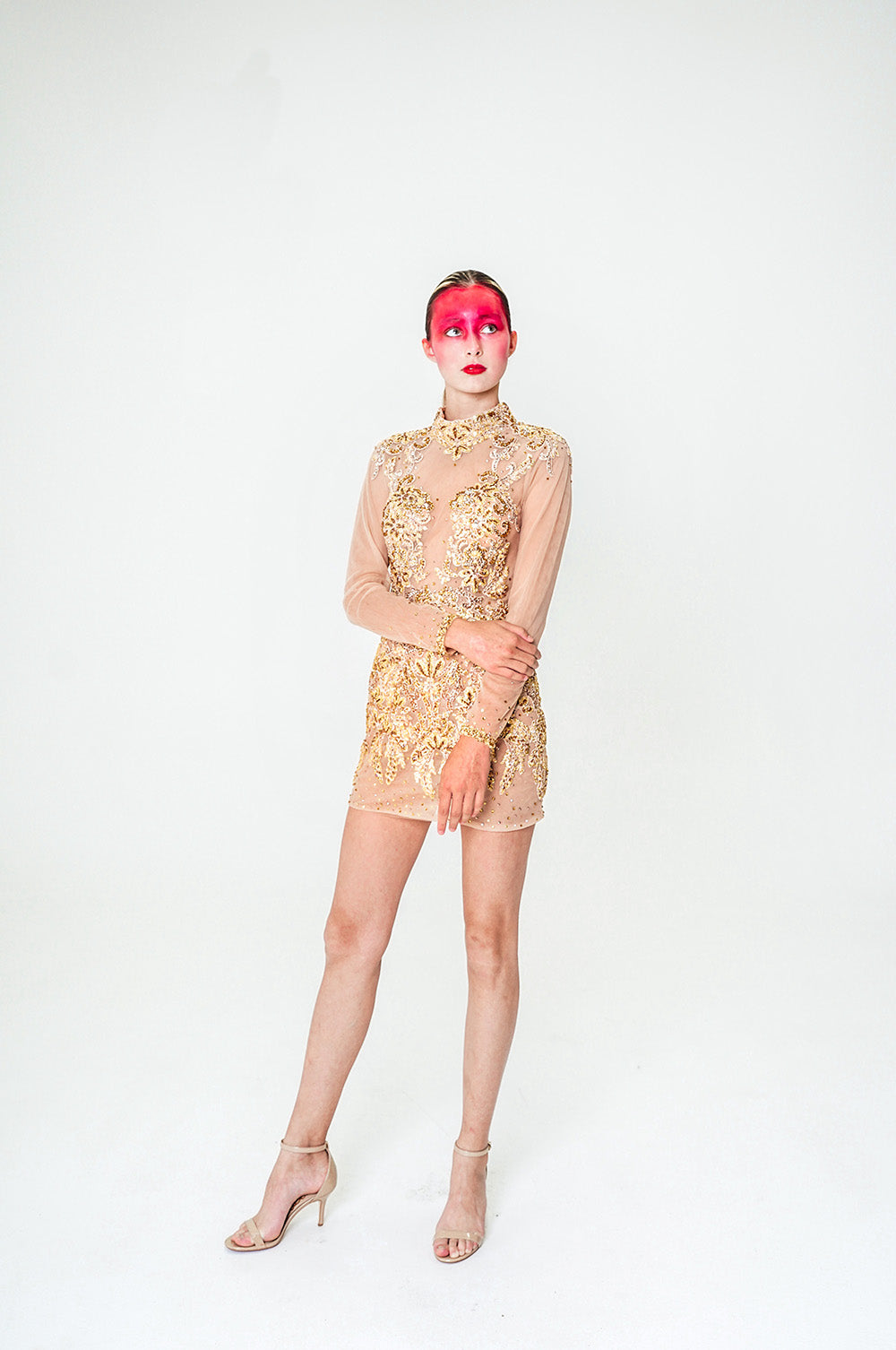 NUDE MINI DRESS WITH GOLD EMBROIDERY AND DETACHABLE SKIRT