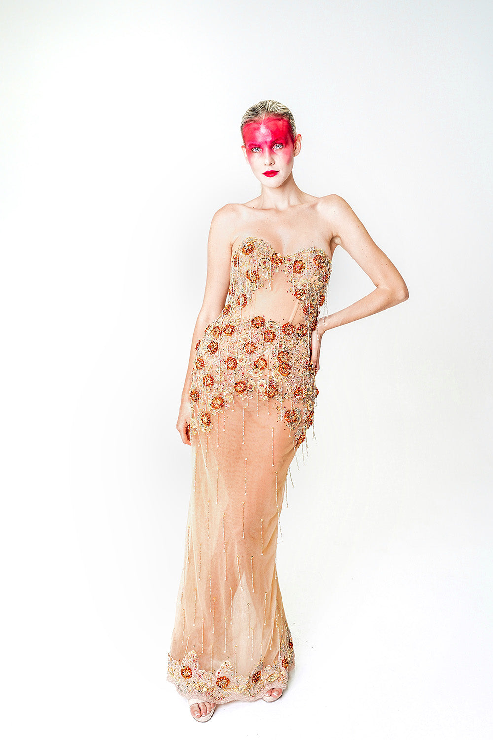 NUDE LONG GOWN WITH CUSTOM EMBROIDERY AND DETACHABLE SKIRT