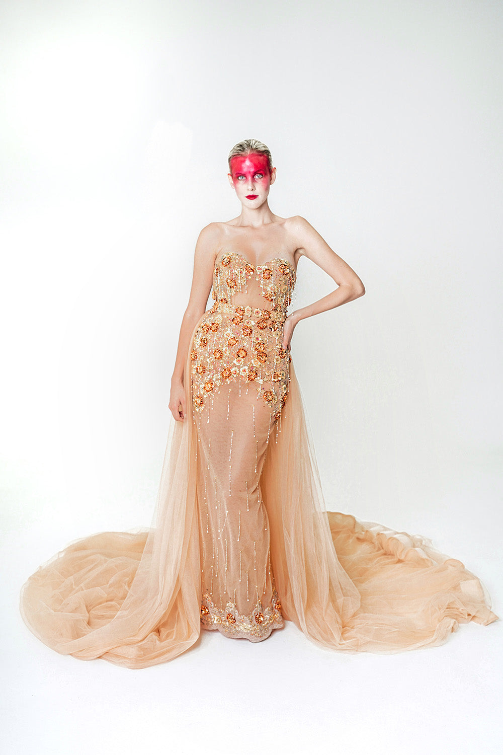 NUDE LONG GOWN WITH CUSTOM EMBROIDERY AND DETACHABLE SKIRT – Kenneth Barlis