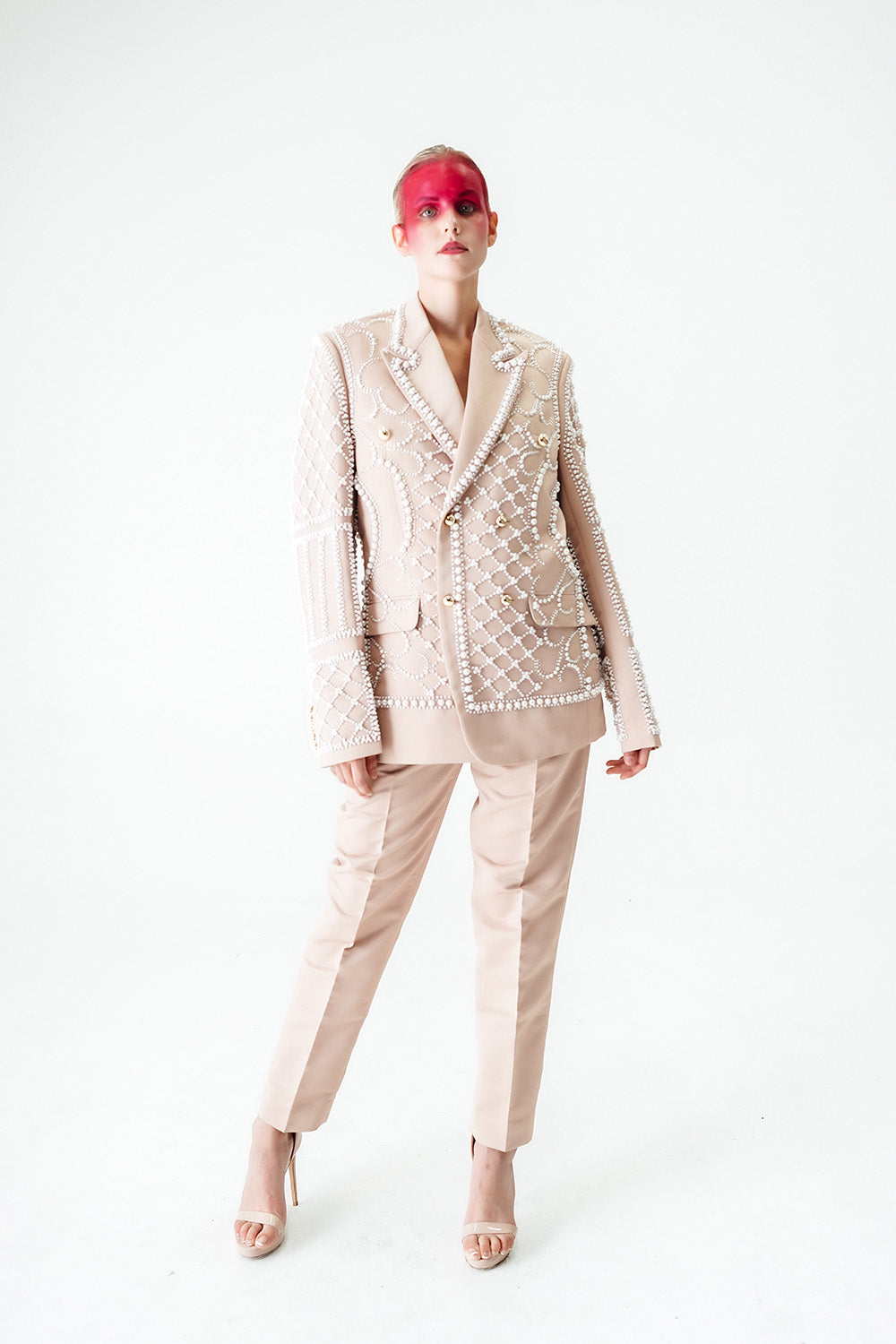 Wildflower Honey with Ivory Hand Beaded Pearls and Japanese Sequence Double Breasted Silk Suit