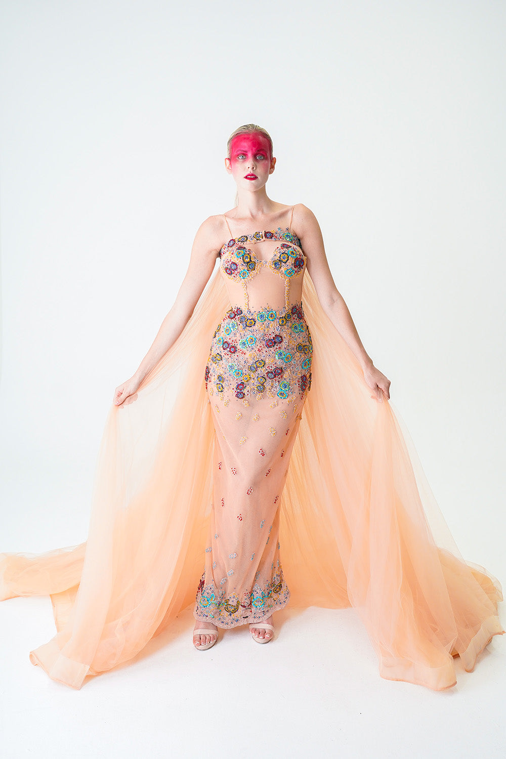 NUDE LONG GOWN WITH CUSTOM EMBROIDERY AND DETACHABLE SKIRT