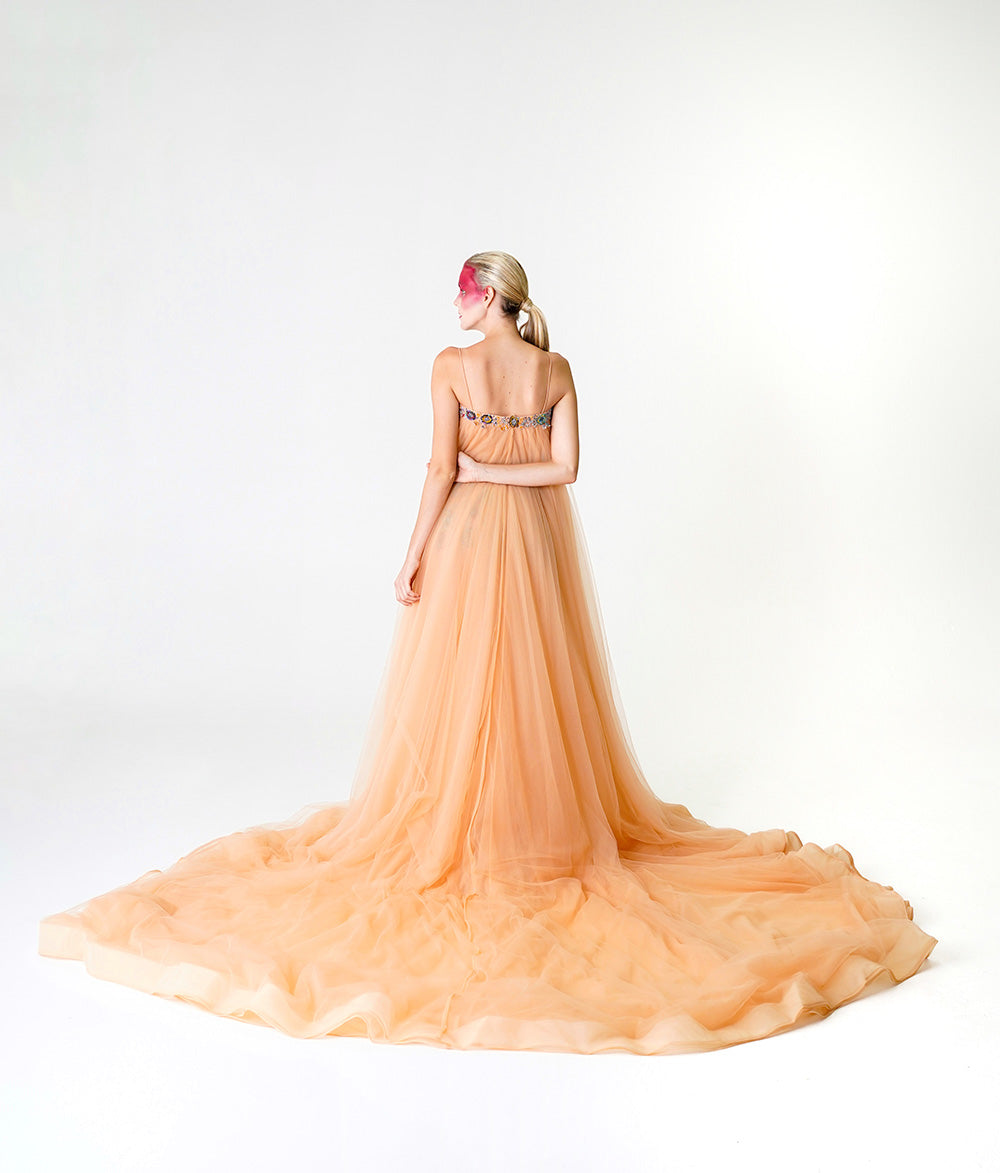 NUDE LONG GOWN WITH CUSTOM EMBROIDERY AND DETACHABLE SKIRT