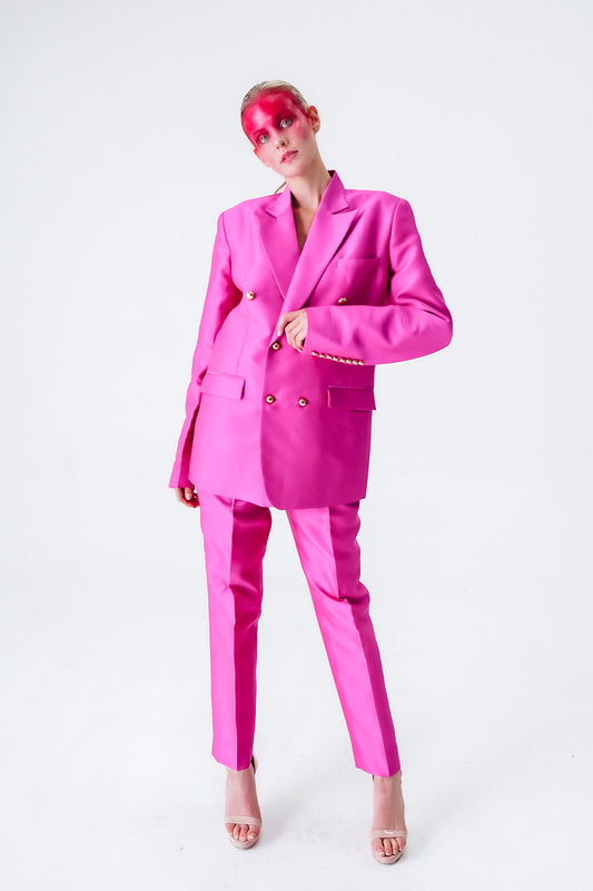 Fuchsia Pink Double Breasted Silk Suit
