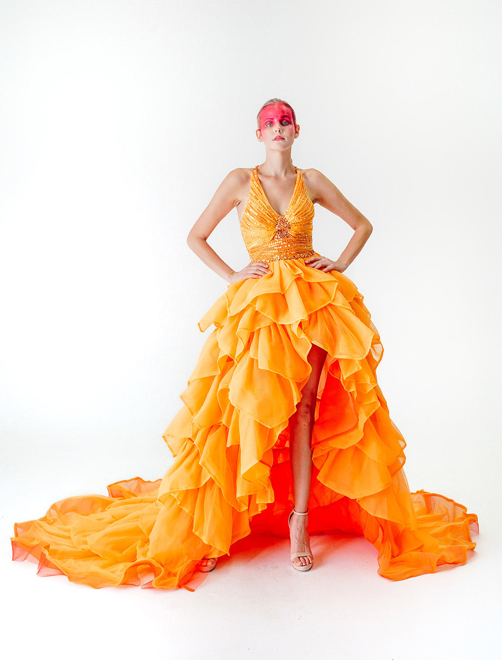SUN KISSED TANGERINE TULLE HIGH-LOW GOWN WITH HAND BEADINGS DETAILS