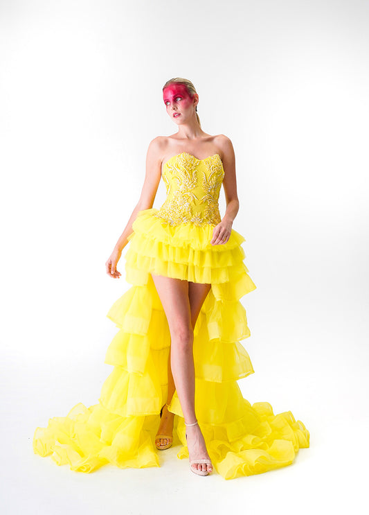 Neon Yellow Raffled High-Low Tulle Dress