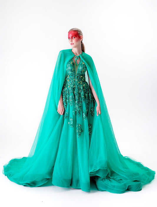 EMERALD GREEN GODDESS TULLE BALL GWON WITH CAPE