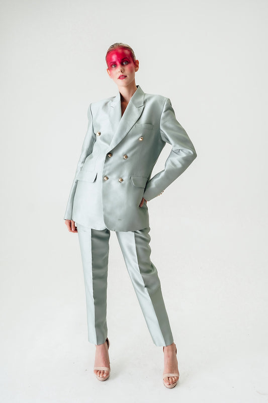 Cloud Gray Double Breasted Silk Suit