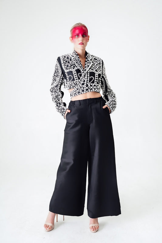 BLACK FULLY HAND BEADED WITH WHITE PEARLS SILK CROP TOP BLAZER WITH HIGH WAISTED WIDE LEG PANTS