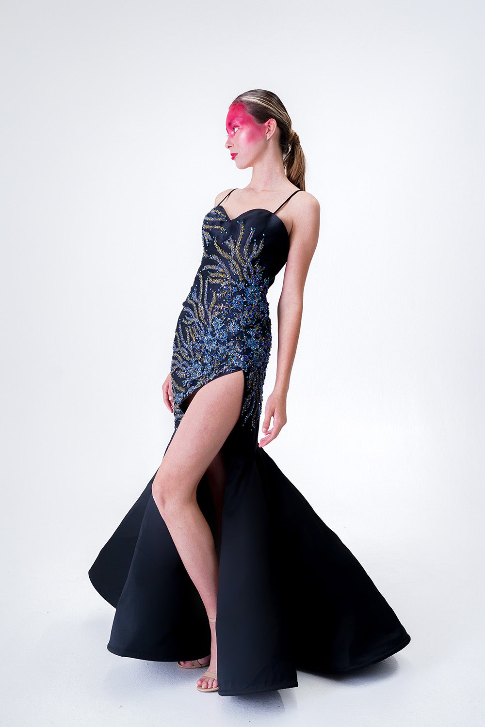 BLACK MERMAID GOWN WITH HIGH SLIT CUT OUT AND HAND BEADINGS DETAILS