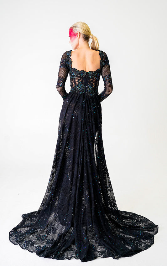 BLACK FITTED GOWN WITH HAND BEADINGS AND ATTACHED TUNIC LACE SKIRT