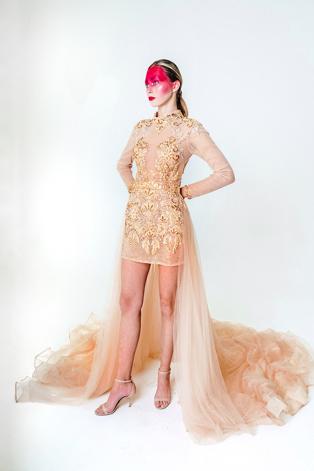 NUDE MINI DRESS WITH GOLD EMBROIDERY AND DETACHABLE SKIRT