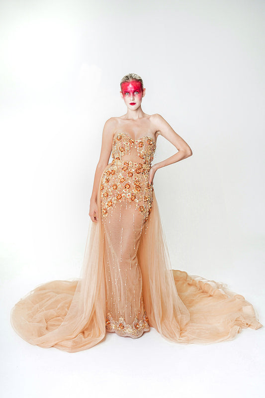 NUDE LONG GOWN WITH CUSTOM EMBROIDERY AND DETACHABLE SKIRT